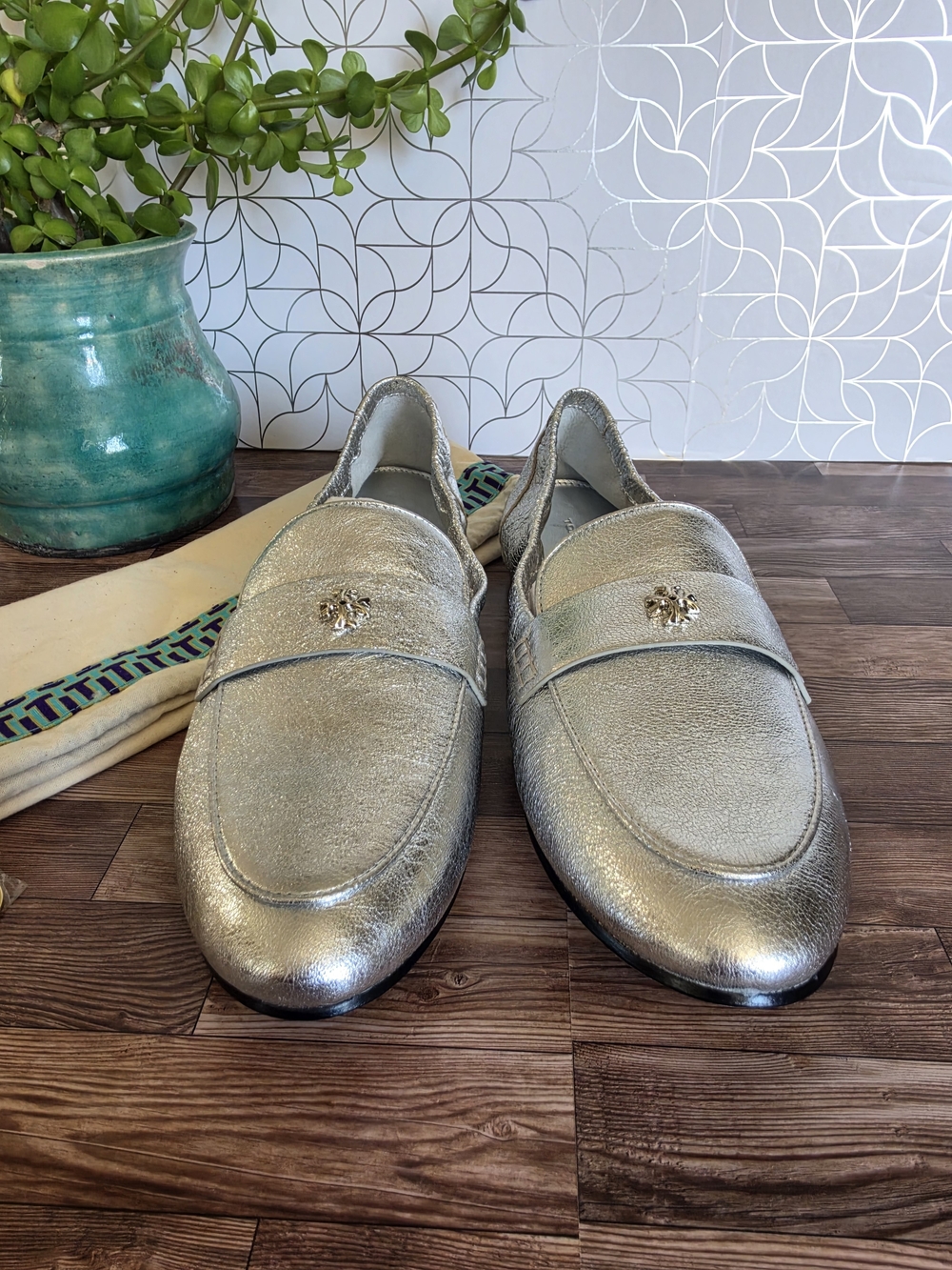 Tory Burch Metallic Silver Penny Loafers